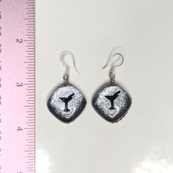 Black & Silver Dichroic MARTINI Sterling Silver Wire-Wrapped LEVERBACK Earrings - Picture 1 of 3